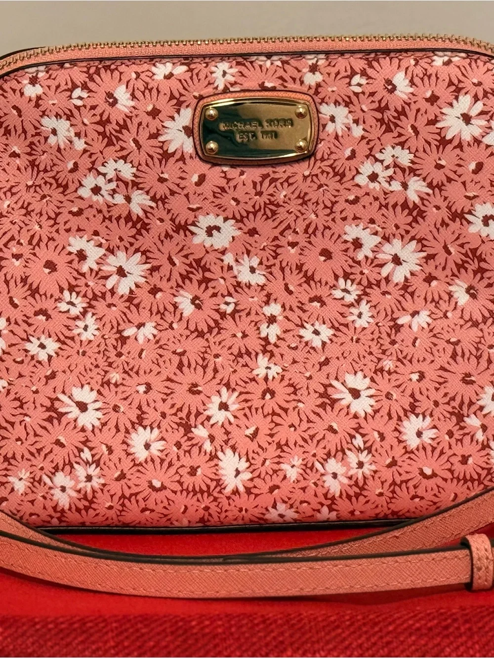Michael Kors Pink White Floral Cosmetic Pouch with Gold Plate
